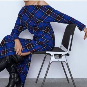 Zara Asymmetric Check Plaid Top Pleated Off The Shoulder Blouse Long Sleeve Blue